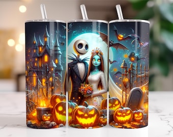 Jack Skellington and Sally halloween Spooky Season 20oz Skinny  Tapered Wrap,couple halloween Coffee Tumbler nightmare before