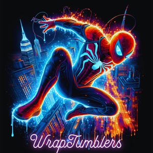 May include: A vibrant illustration of Spider-Man in a dynamic pose against a cityscape backdrop. The superhero is depicted in his classic red and blue suit, with neon blue highlights and a white spider emblem. The image features the text "WrapTumblers" in a neon pink font.