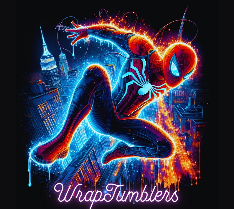 May include: A vibrant illustration of Spider-Man in a dynamic pose against a cityscape backdrop. The superhero is depicted in his classic red and blue suit, with neon blue highlights and a white spider emblem. The image features the text "WrapTumblers" in a neon pink font.