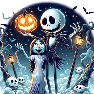 2 Jack und Sally Splash und Aquarell Digitales Design PNG-Datei für Sublimation - Hohe Auflösung - Sofortiger digitaler PNG Download