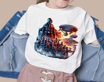 Op de afbeelding: Wit T-shirt met een grafische print van Darth Vader en een groep Stormtroopers uit Star Wars. De afbeelding bevat ook een ruimteschip.