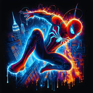 May include: A dynamic illustration of Spider-Man in a city setting. The superhero is depicted in a red and blue suit, with glowing neon accents. The background features a cityscape with skyscrapers, illuminated with vibrant orange and blue hues.