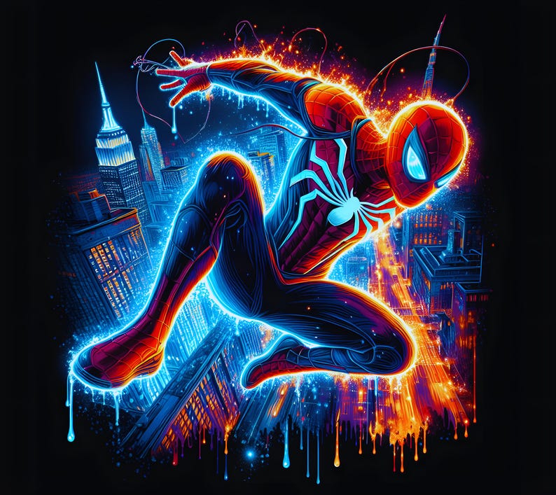 May include: A dynamic illustration of Spider-Man in a city setting. The superhero is depicted in a red and blue suit, with glowing neon accents. The background features a cityscape with skyscrapers, illuminated with vibrant orange and blue hues.