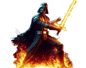 Op de afbeelding: Darth Vader, een fictief personage uit Star Wars, is afgebeeld in een vurige, oranje en gele hel. Hij houdt een lightsaber vast, die ook in vlammen staat. De afbeelding is een digitale illustratie.