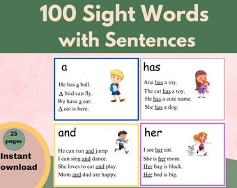 May include: A digital download featuring an educational resource titled "100 Sight Words with Sentences." The image displays sight words with example sentences and illustrations. Includes "25 pages" and "Instant Download" text.