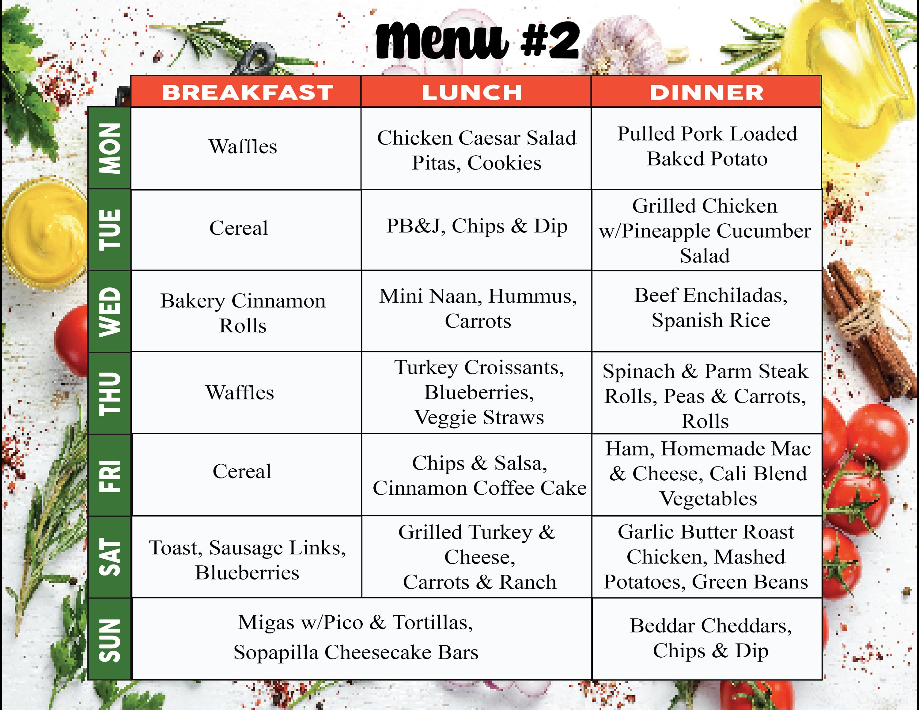 Menu 02: Full week of Meals - Includes a Brunch Option