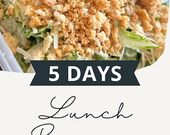 May include: A fresh salad in a clear container, topped with shredded cheese and crunchy croutons. The image includes text that reads "5 DAYS Lunch Recipes" and the Etsy shop URL.