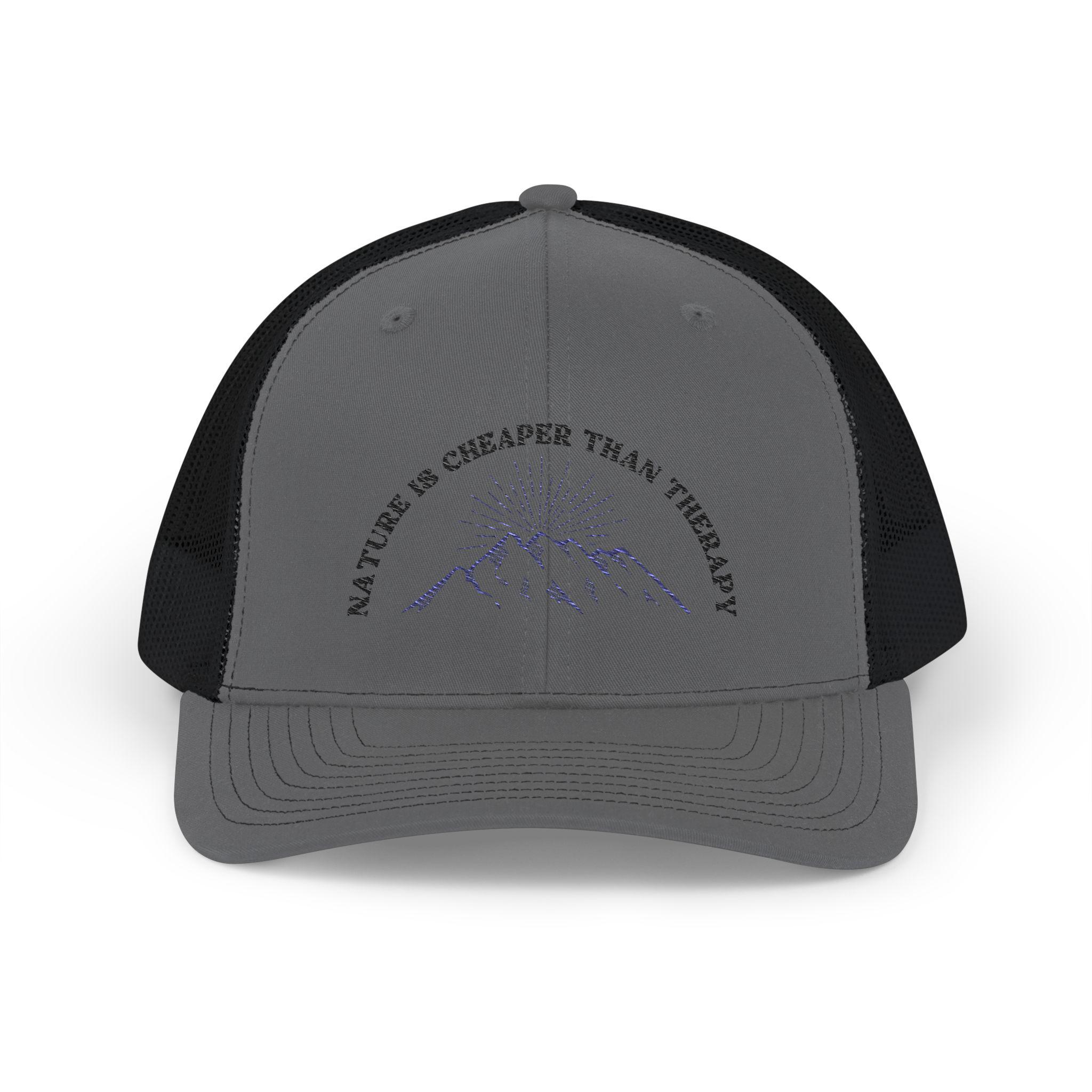 Embroidered nature design on Gray strap back Cap artsy Embroidery Mountain Hat Pine Trees Cap Mountaineering  main image 2