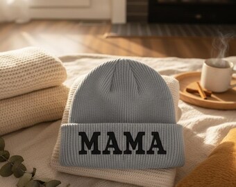 Custom “MAMA” Embroidered Beanie, Mama Winter Hat, Mom Gift Beanie, Cozy Knit Cap For Moms, Minimal Lettering Embroidery