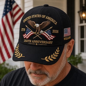 Custom Embroidered USA 250th Anniversary Hat Patriotic Eagle American Flag Cap Personalized Name Independence Gift