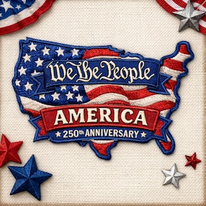 Peut inclure: Écusson brodé en forme des États-Unis, avec le design du drapeau américain. L'écusson comprend le texte "We the People" et "America 250th Anniversary". Des étoiles rouges, blanches et bleues et un ruban entourent l'écusson.