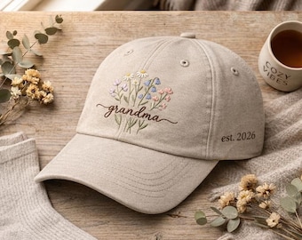 Custom Grandma Embroidered Floral Hat Personalized Grandmother Gift Custom Name Est Year Embroidered Cap Family Gift Idea