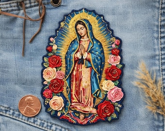 Custom embroidered Virgin Mary Guadalupe patch floral catholic saint design devotional religious gift iron on style patch
