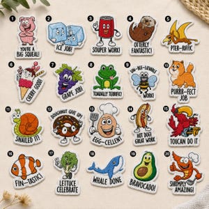 May include: A collection of twenty embroidered patches featuring cartoon characters and food items with puns. Each patch includes a unique illustration and text, such as a pig with 'YOU'RE A BIG SQUEAL', a grape with 'GRAPE JOB', and a shrimp with 'SHRIMPLY AMAZING'.