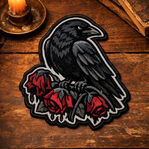 Custom embroidered raven patch with roses gothic bird design dark aesthetic iron on applique for jacket backpack clothing