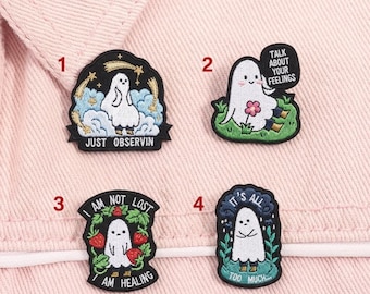 Custom Embroidered Cute Ghost Iron On Patch Set, Funny Emotional Support Patches for Jackets Bags Hats