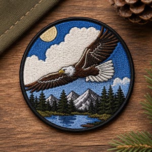 May include: A circular embroidered patch featuring a bald eagle in flight against a blue sky with white clouds and a yellow sun. Below the eagle are snow-capped mountains, a dense forest of green pine trees, and a blue lake in the foreground.