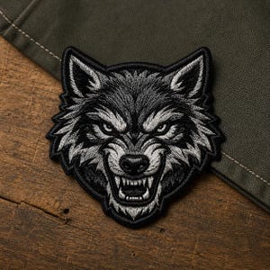 May include: Embroidered patch featuring a detailed, snarling wolf head. The patch is primarily black and gray, with intricate stitching that highlights the wolf's fur and sharp teeth. The patch is set against a wooden surface and a green fabric.