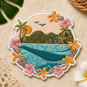 May include: Embroidered patch featuring a tropical island scene with palm trees, mountains, and ocean waves. The design includes a sun, birds, and a lighthouse. The patch is framed by pink and orange flowers, and seashells.