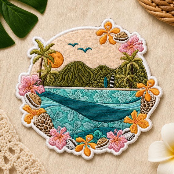 Custom Embroidered Tropical Island Iron On Patch Hawaiian Beach Mountain Travel Jacket Backpack Badge