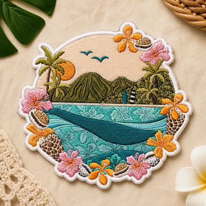 May include: Embroidered patch featuring a tropical island scene with palm trees, mountains, and ocean waves. The design includes a sun, birds, and a lighthouse. The patch is framed by pink and orange flowers, and seashells.