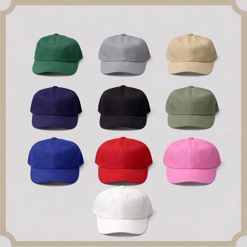 May include: Nine solid-color baseball caps in various colors, including green, gray, tan, navy, black, olive, blue, red, and pink. The caps are arranged in three rows of three.