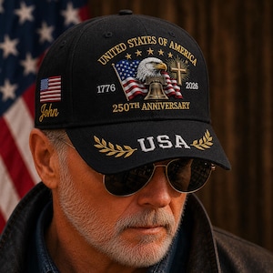 Custom Embroidered USA 250th Anniversary Hat Patriotic Eagle Liberty Bell Christian Faith Cap Personalized Name Gift