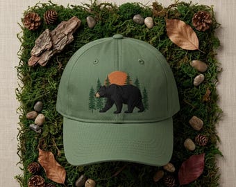 Custom Bear Embroidered Hat Forest Wildlife Mountain Nature Adventure Outdoor Animal Embroidery Cap Camping Hiking Gift for Nature Lover