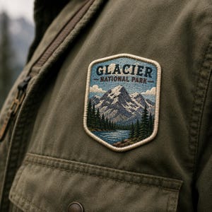 May include: Embroidered patch featuring a mountain landscape with the text "GLACIER - NATIONAL PARK". The patch is in shades of blue, green, and white, and is sewn onto an olive green jacket. The patch depicts a mountain range, a lake, and trees.