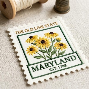 Custom Embroidered Maryland State Flower Patch Black Eyed Susan Old Line Vintage Stamp Style USA Iron On Patch Travel Gift
