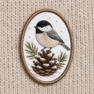 May include: Embroidered patch featuring a chickadee bird perched on a snow-covered pine cone. The bird has a black head, gray wings, and a tan body. The patch is oval-shaped with a brown border and is set against a beige knitted background.