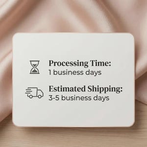 May include: A white rectangular card with rounded corners, featuring text and icons. The text includes "Processing Time: 1 business days" and "Estimated Shipping: 3-5 business days". The background is a soft, neutral color.