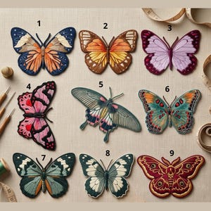 May include: Nine embroidered butterfly patches in various colors, including blue, orange, pink, and green. Each patch features detailed wing patterns and textures, perfect for crafting or embellishing clothing. The butterflies are arranged on a neutral background.