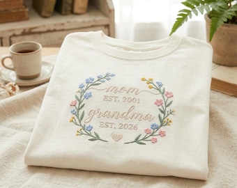 Mom to Grandma Shirt, EST Year Embroidered Tee, Pregnancy Announcement Gift, New Grandma Shirt