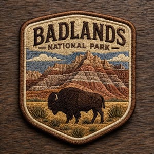 May include: Embroidered patch featuring the words "BADLANDS NATIONAL PARK" above a landscape with a bison. The patch has a brown border and depicts a layered mountain range in shades of brown, tan, and red, with a blue sky and clouds.