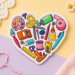 May include: Heart-shaped patch featuring various craft supplies. Includes scissors, paint palette, paint tube, tape, sewing thread, glue, pen, brush, pencil crayons, eraser, ruler, glue gun, and push pin. The patch is white with colorful embroidered details.