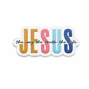 May include: Embroidered patch featuring the word "JESUS" in gold, pink, light blue, and dark blue, with the phrase "the way the truth the life" in a script font. The patch has a white border.