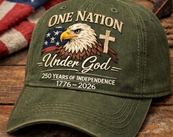May include: An olive green baseball cap featuring an embroidered bald eagle, a cross, and an American flag segment. The text reads: ONE NATION Under God, 250 YEARS OF INDEPENDENCE, 1776-2026. The cap has a distressed brim and structured crown.