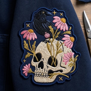 Custom Crow Skull Embroidered Patch Gothic Raven Botanical Iron On Applique for Jacket Backpack Vest Nature Lovers