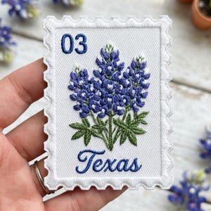 Custom Embroidered Patch, Texas Bluebonnet Iron On Sew On Hook and Loop Patch, Wildflower Stamp State Souvenir Badge, Texas Gift