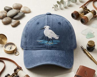 Custom Egret Bird Embroidered Hat Coastal Wildlife Water Bird Nature Embroidery Cap Birdwatcher Gift Ocean Nature Lover Hat