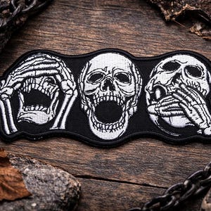 Custom embroidered three skull patch gothic see hear speak design spooky skeleton art iron on badge for jacket backpack