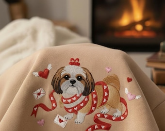 Custom Valentine Dog Embroidered Sweatshirt, Cute Puppy Love Design, Cozy Beige Romantic Pet Lover Crewneck