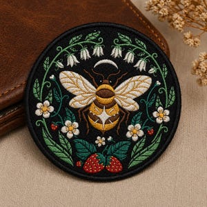 May include: Round black embroidered patch featuring a bee with cream-colored wings and a yellow and brown body. The bee is surrounded by white flowers, green leaves, and red strawberries. A crescent moon is above the bee.