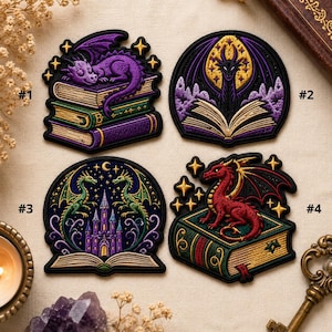 May include: Four embroidered patches with dragon designs. One shows a purple dragon on books, another a black dragon with a moon, a third with green dragons and a castle, and the last with a red dragon on a book. Each patch has a black border.