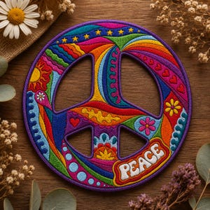 May include: A colorful embroidered peace sign patch with a purple border. The design features a rainbow of colors, including red, orange, yellow, green, blue, and purple, with the word "PEACE" in a retro font. The patch is approximately 4 inches in diameter.