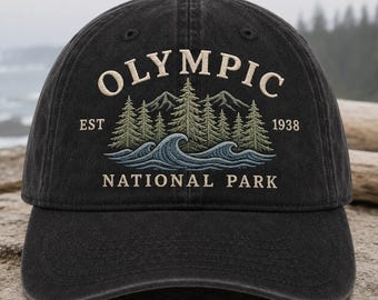 Custom Olympic National Park Embroidered Hat, Coastal Forest Wave Scenic Cap for Outdoor Adventure Travel