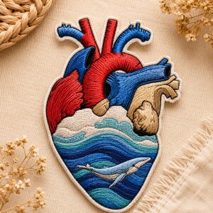 May include: Embroidered patch in the shape of a human heart, featuring red, blue, and tan anatomical details. The lower portion depicts ocean waves and a whale. The patch is on a beige fabric background.