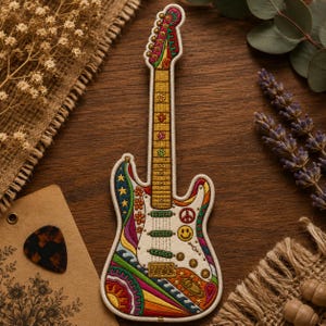 May include: A colorful embroidered guitar patch with a white body and a yellow neck. The design features flowers, stars, peace signs, and a smiley face. The patch has a retro, psychedelic vibe.