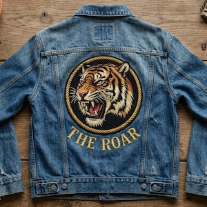 May include: A light blue denim jacket with a distressed finish. The back features a circular patch with a roaring tiger design and the text "THE ROAR" in gold lettering. The jacket has a classic collar and button closures.